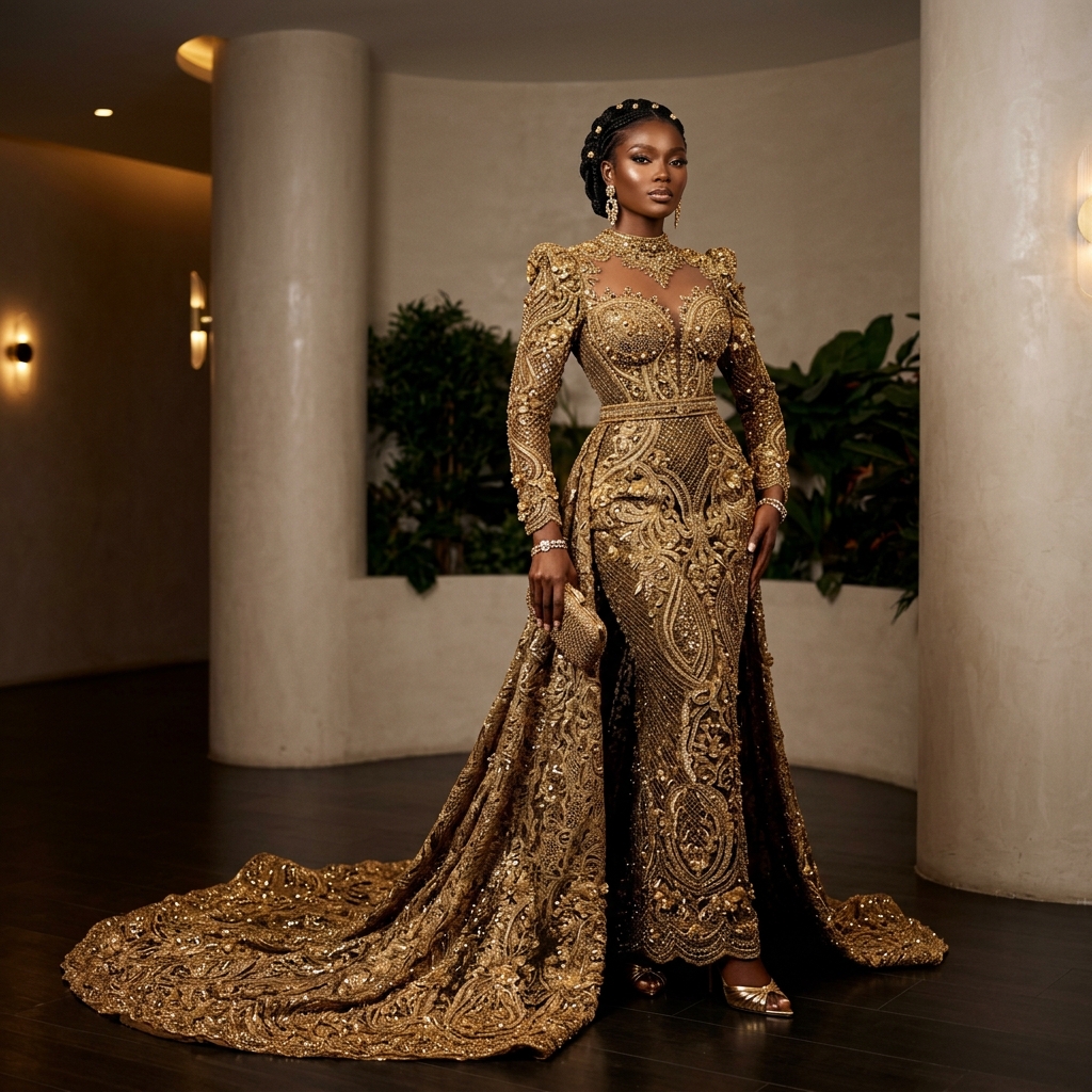 A model in a detailed red and gold embroidered custom African luxury dress