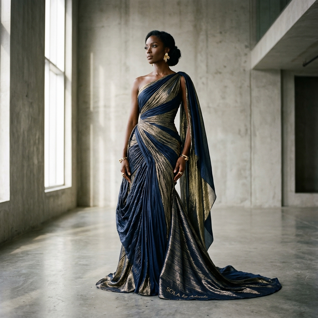 Haute couture metallic evening gown representing SOLA by Adesola designs
