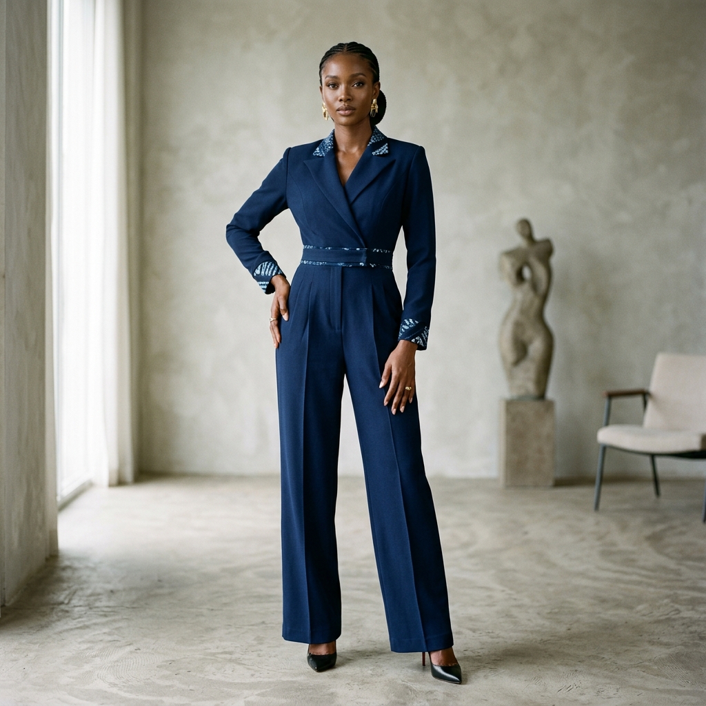 A model in a contemporary luxury silk tailored jumpsuit in cream colors